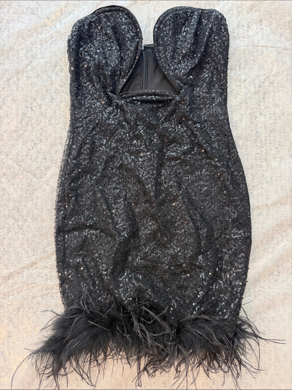 Fashion Nova Black Sequin Strapless Feather Hem Mini Dress